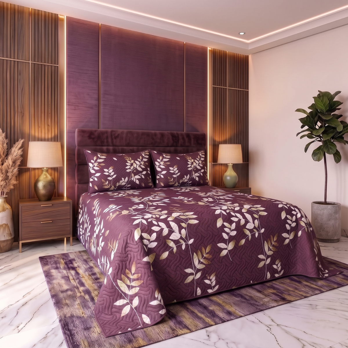 Plum Canopy | Printed Ultrasonic Quilted Bedspread Set | 3 Piece