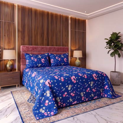 Cobalt Gardenia | Printed Ultrasonic Quilted Bedspread Set | 3 Piece