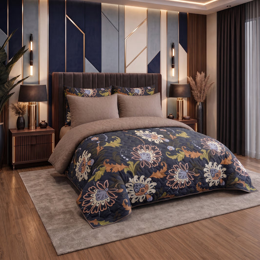 Navy Paisley | Printed Ultrasonic Quilted Bedspread Set | 6 Piece