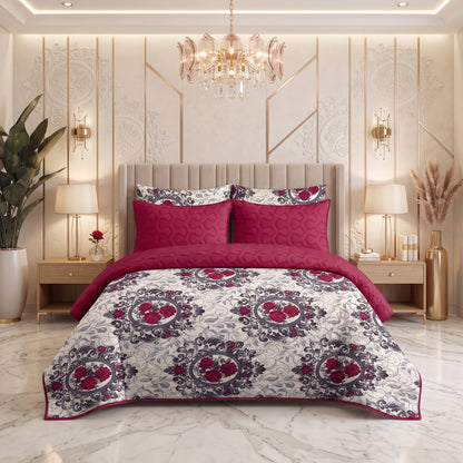 Burgundy Garland | Printed Ultrasonic Quilted Bedspread Set | 6 Piece