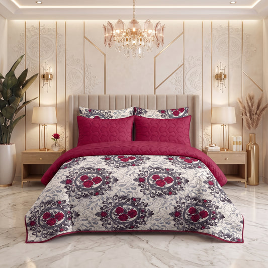 Burgundy Garland | Printed Ultrasonic Quilted Bedspread Set | 6 Piece