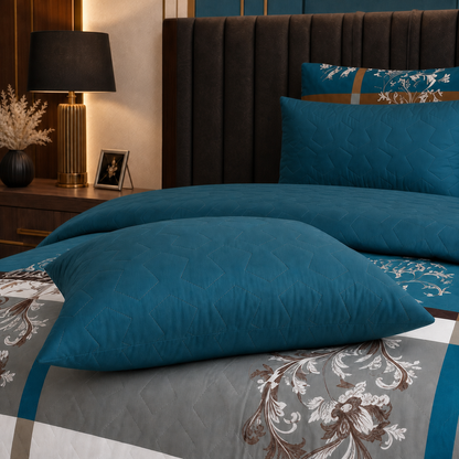 Teal Elegance | Printed Ultrasonic Quilted Bedspread Set | 6 Piece