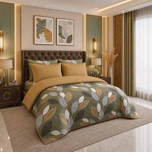 Golden Leaf | Printed Ultrasonic Quilted Bedspread Set | 6 Piece