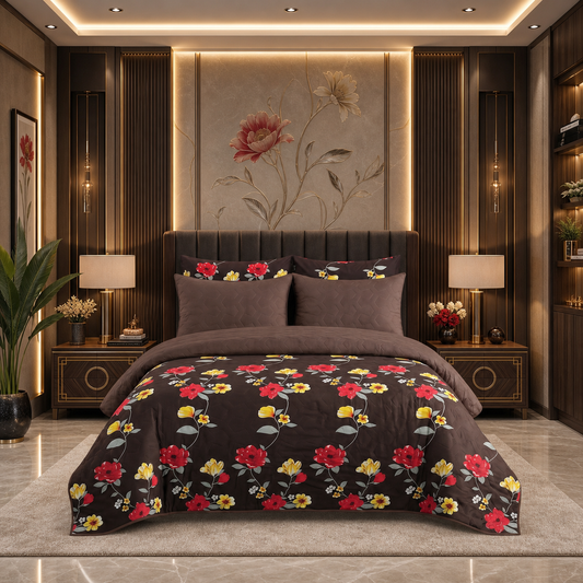 Chocolate Rose | Printed Ultrasonic Quilted Bedspread Set | 6 Piece