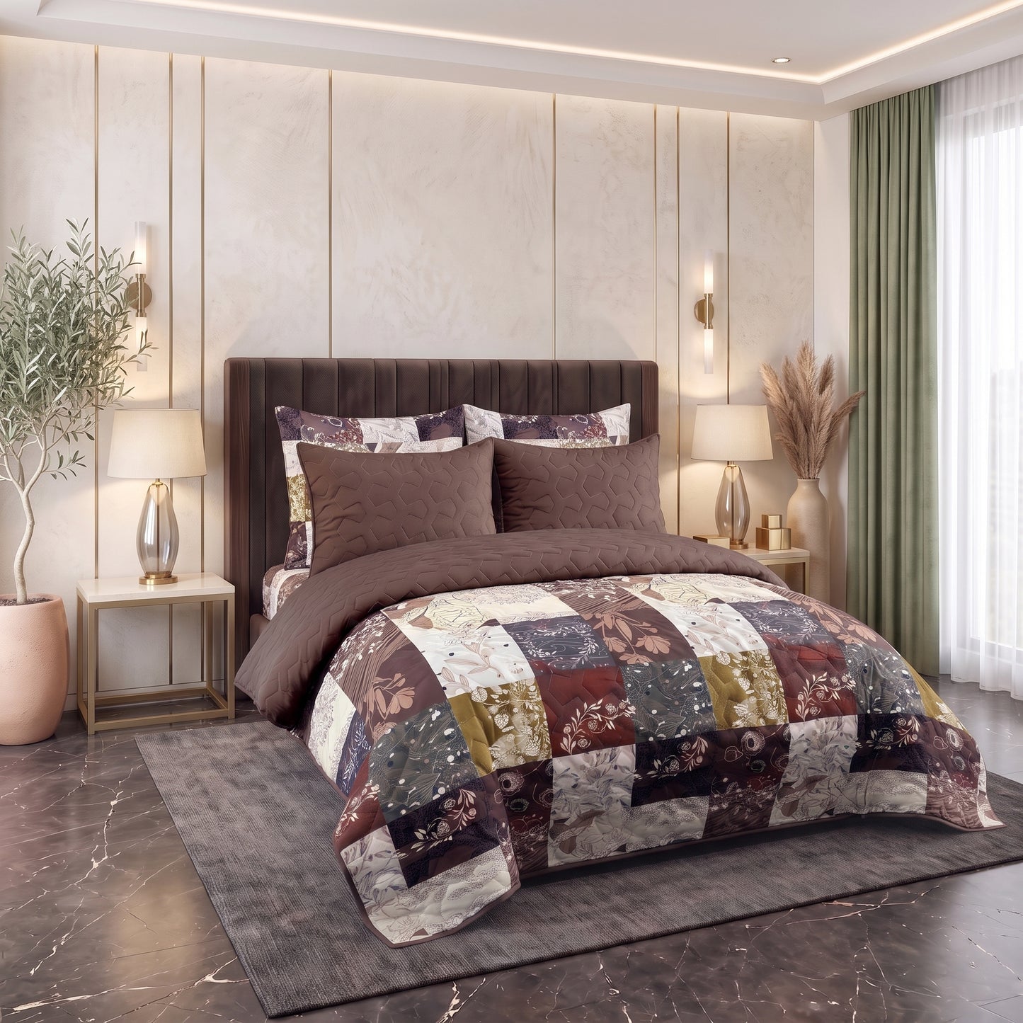 Tiled Espresso | Printed Ultrasonic Quilted Bedspread Set | 6 Piece