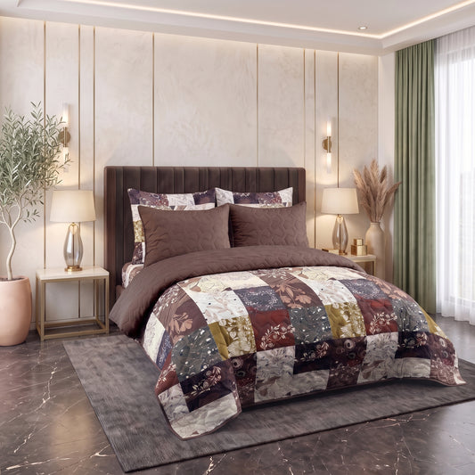 Tiled Espresso | Printed Ultrasonic Quilted Bedspread Set | 6 Piece