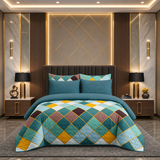 Teal Diamond | Printed Ultrasonic Quilted Bedspread Set | 6 Piece