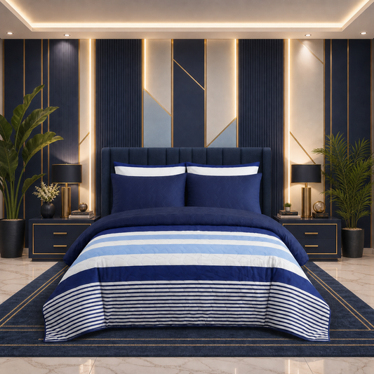 Atlantic Stripe | Printed Ultrasonic Quilted Bedspread Set | 6 Piece