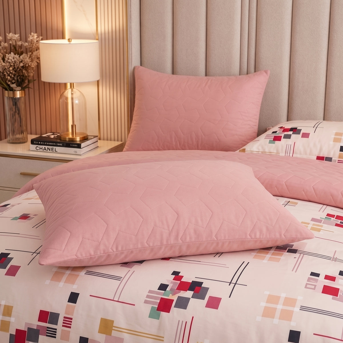 Blush Geometry | Printed Ultrasonic Quilted Bedspread Set | 6 Piece