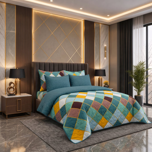 Teal Diamond | Printed Ultrasonic Quilted Bedspread Set | 6 Piece