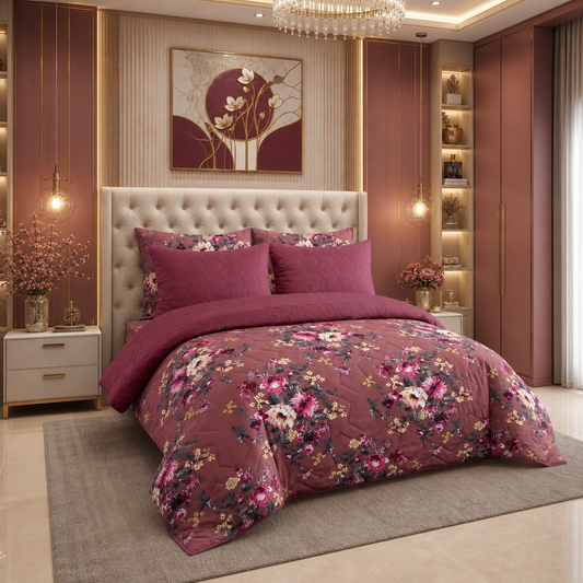 Burgundy Floral | Printed Ultrasonic Quilted Bedspread Set | 6 Piece