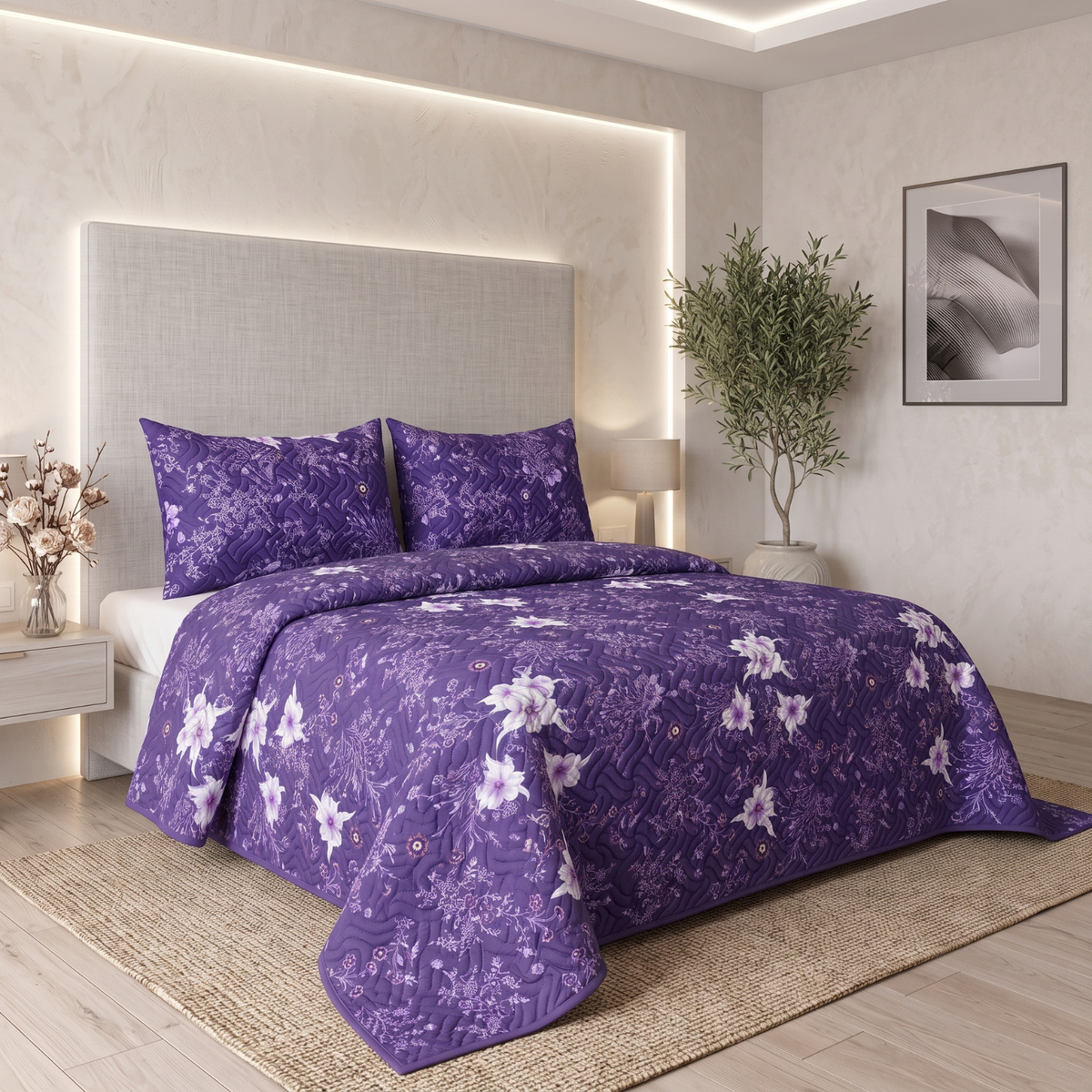 Violet Meadow | Printed Ultrasonic Quilted Bedspread Set | 3 Piece