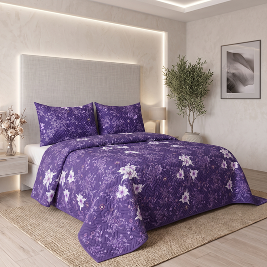 Violet Meadow | Printed Ultrasonic Quilted Bedspread Set | 3 Piece