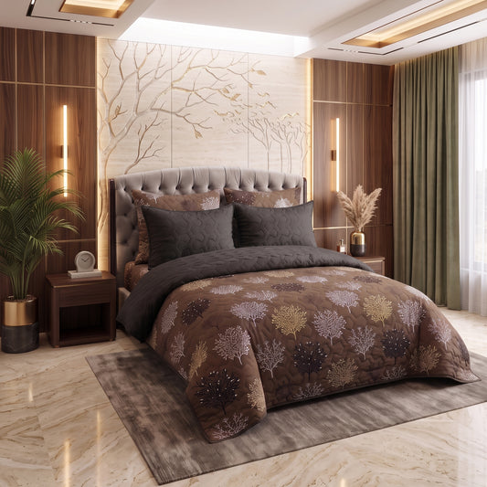 Mocha Forest | Printed Ultrasonic Quilted Bedspread Set | 6 Piece