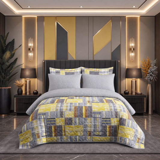 Golden Grid | Printed Ultrasonic Quilted Bedspread Set | 6 Piece