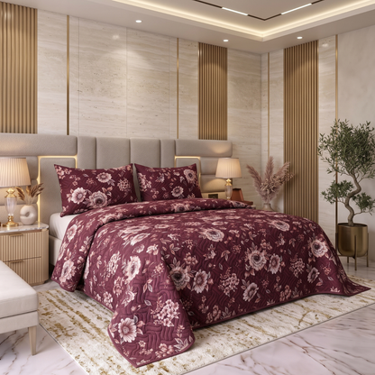Plum Blossom | Printed Ultrasonic Quilted Bedspread Set | 3 Piece