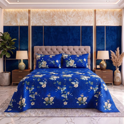 Cobalt Blossom | Printed Ultrasonic Quilted Bedspread Set | 3 Piece