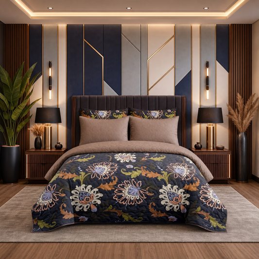 Navy Paisley | Printed Ultrasonic Quilted Bedspread Set | 6 Piece