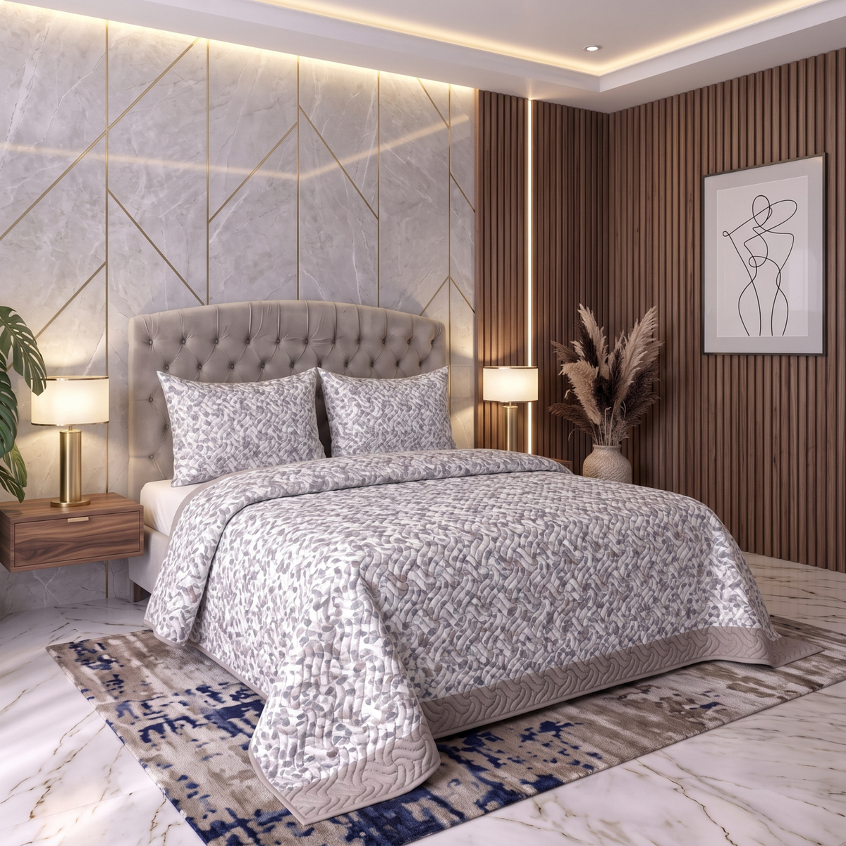 Slate Blossom | Printed Ultrasonic Quilted Bedspread Set | 3 Piece