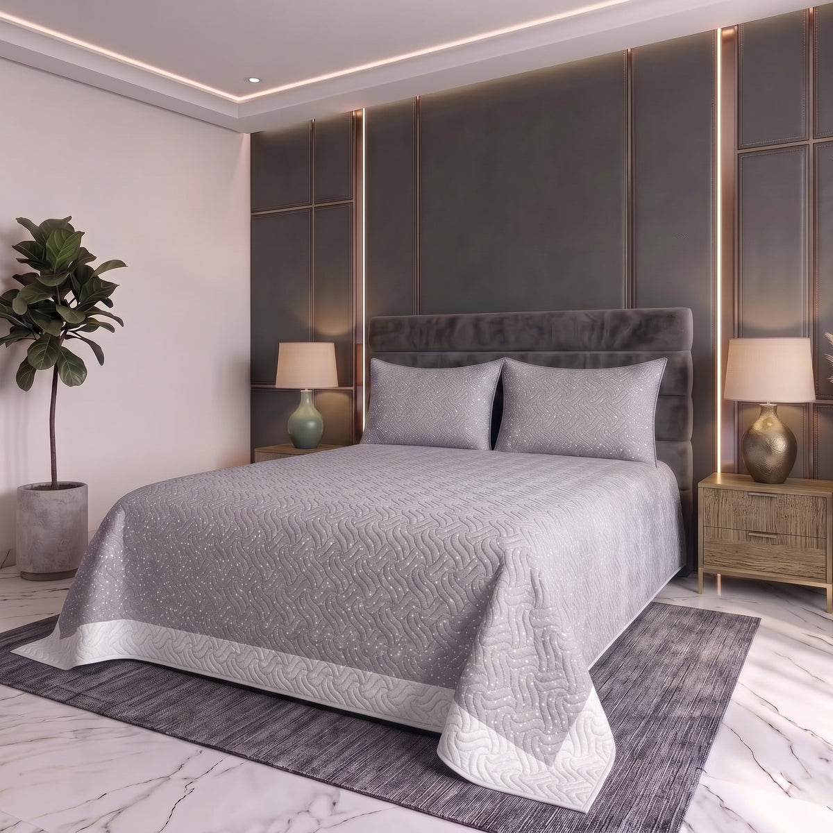Slate Contour | Printed Ultrasonic Quilted Bedspread Set | 3 Piece