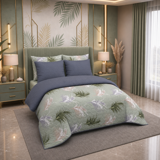 Green Serene | Printed Ultrasonic Quilted Bedspread Set | 6 Piece