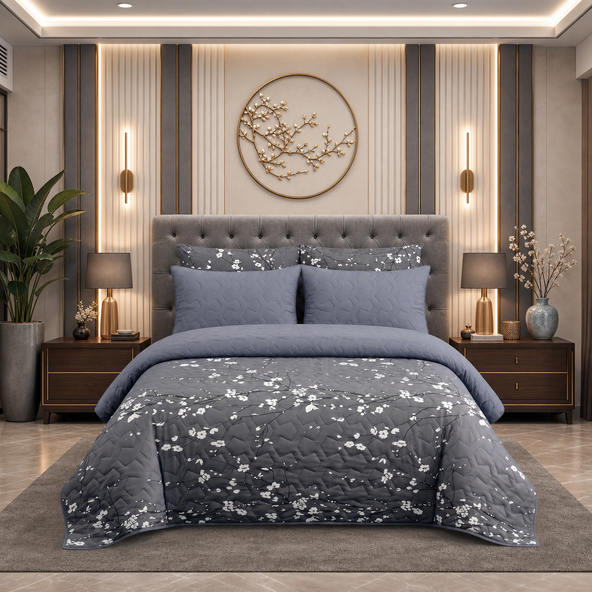 Grey Flora | Printed Ultrasonic Quilted Bedspread Set | 6 Piece