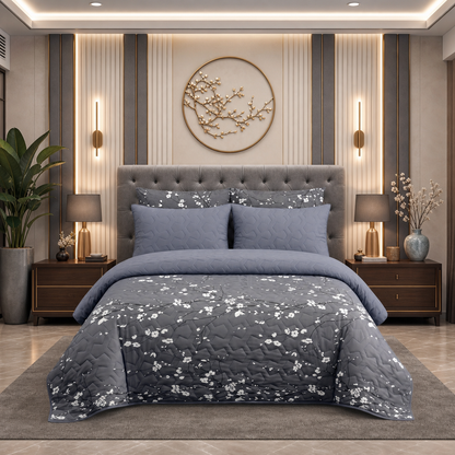 Grey Flora | Printed Ultrasonic Quilted Bedspread Set | 6 Piece