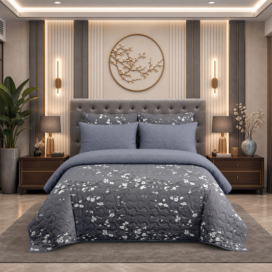 Grey Flora | Printed Ultrasonic Quilted Bedspread Set | 6 Piece