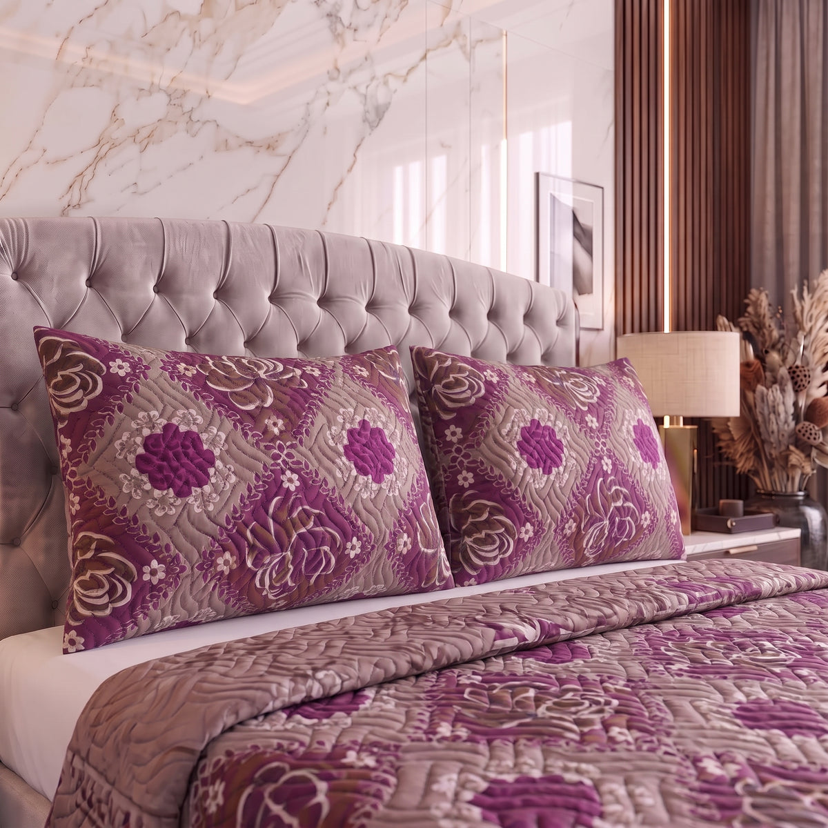 Plum Lotus | Printed Ultrasonic Quilted Bedspread Set | 3 Piece