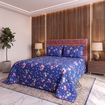 Cobalt Gardenia | Printed Ultrasonic Quilted Bedspread Set | 3 Piece