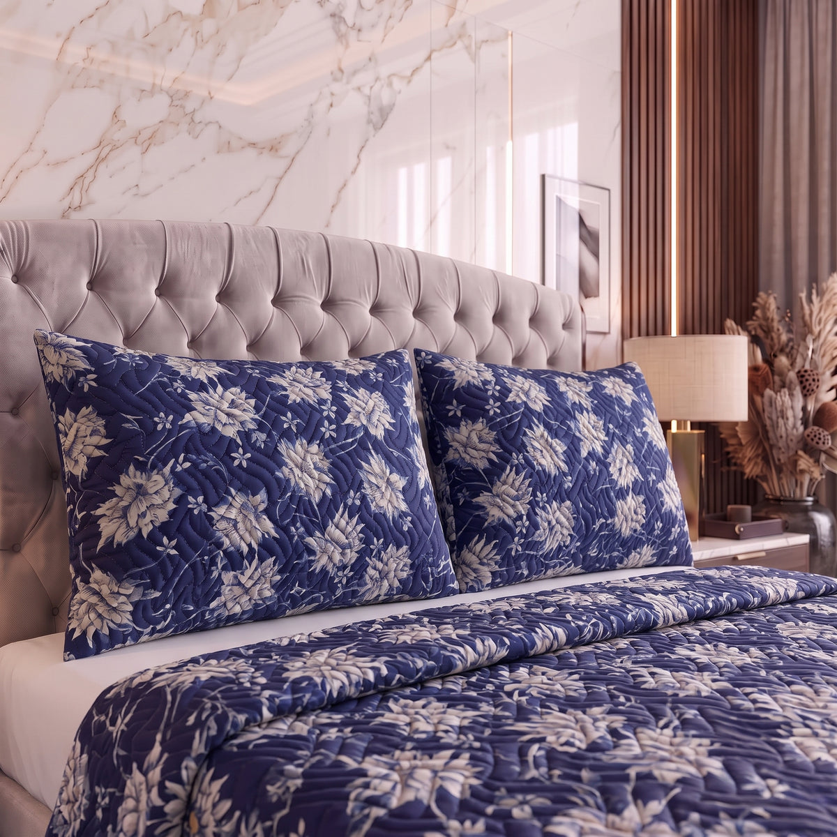 Indigo Starlight | Printed Ultrasonic Quilted Bedspread Set | 3 Piece