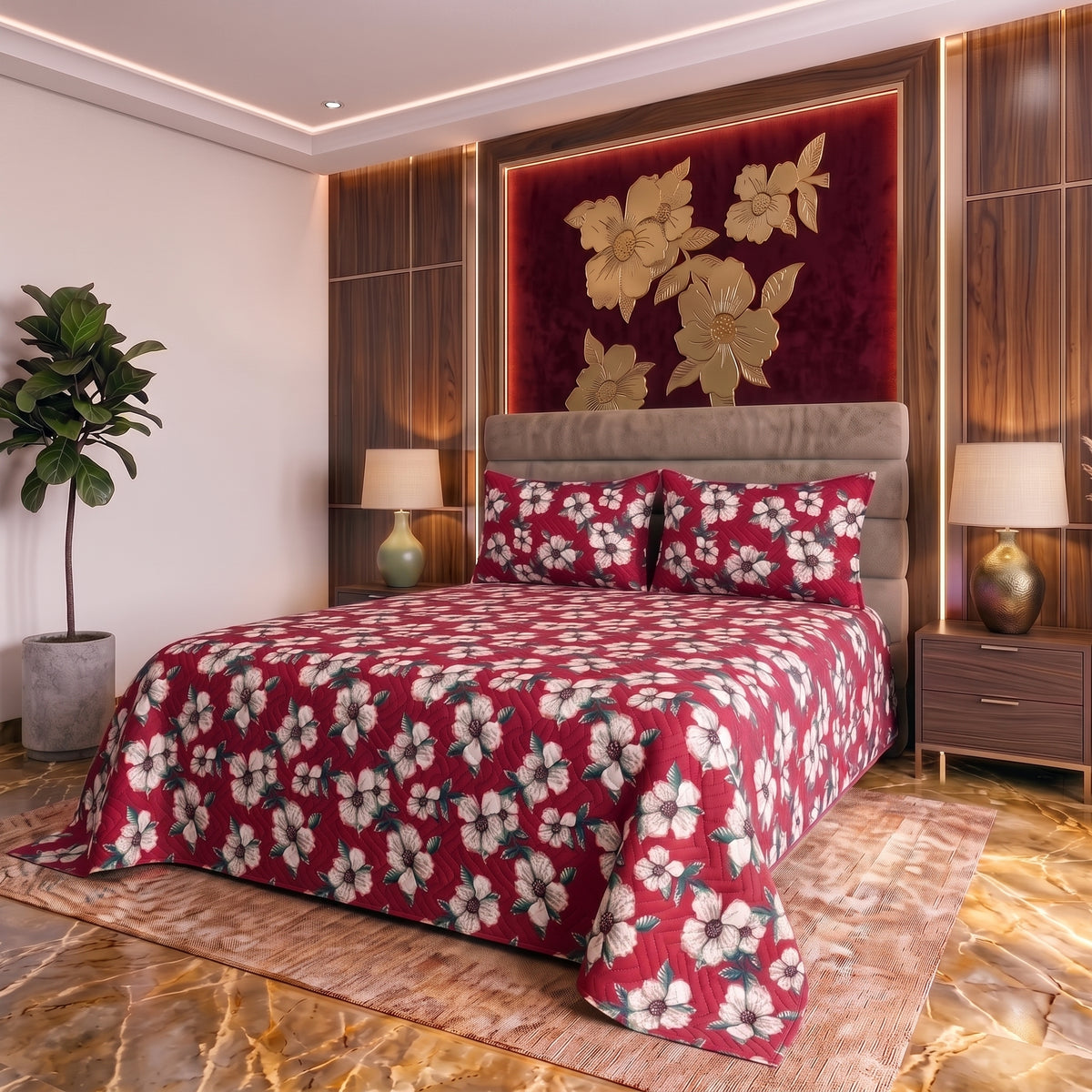 Crimson Meadow | Printed Ultrasonic Quilted Bedspread Set | 3 Piece