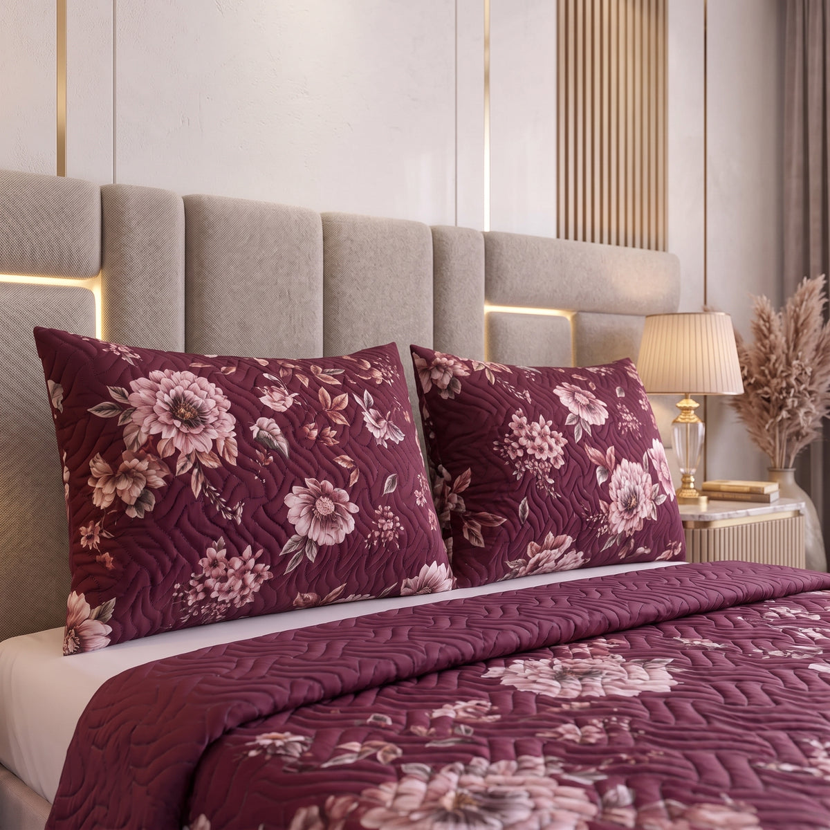 Plum Blossom | Printed Ultrasonic Quilted Bedspread Set | 3 Piece