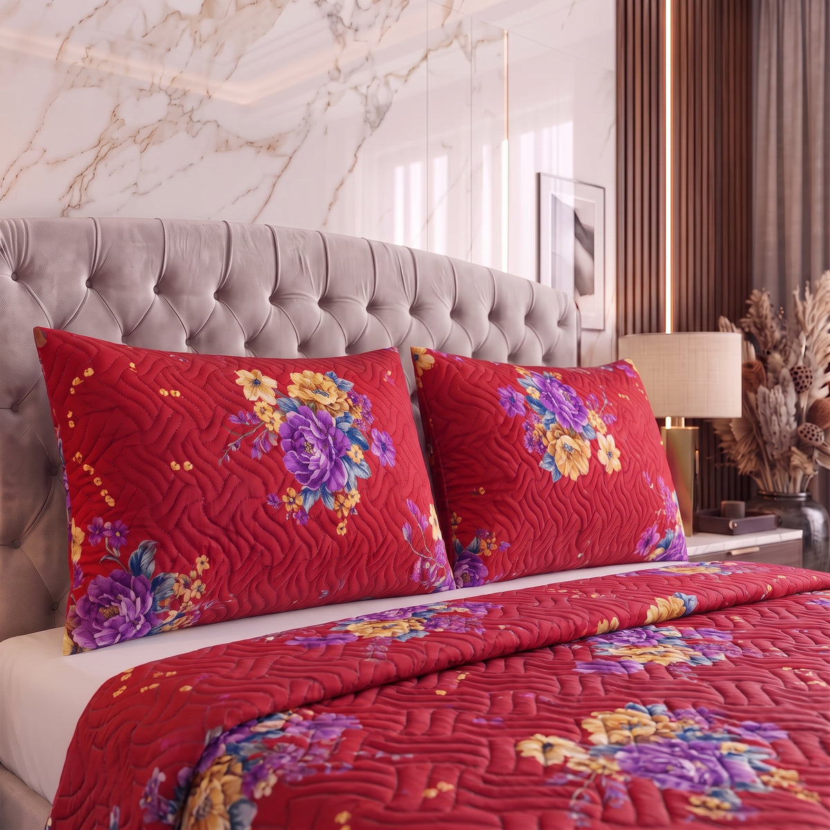Crimson Baroque | Printed Ultrasonic Quilted Bedspread Set | 3 Piece