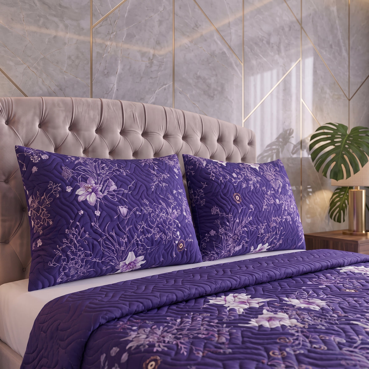 Violet Meadow | Printed Ultrasonic Quilted Bedspread Set | 3 Piece