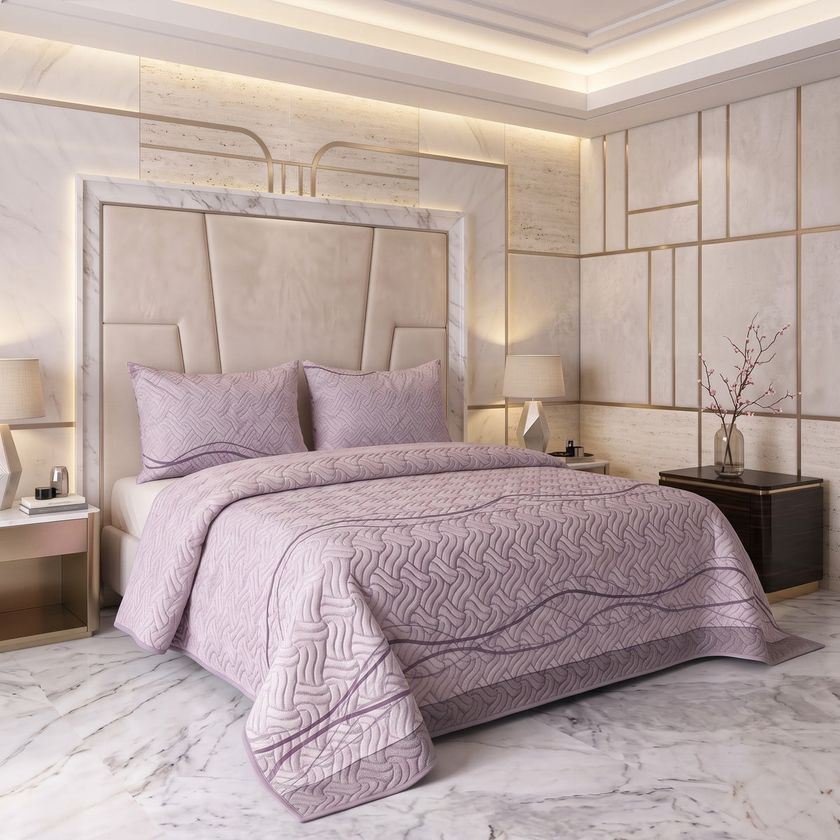 Mauve Ribbon | Printed Ultrasonic Quilted Bedspread Set | 3 Piece