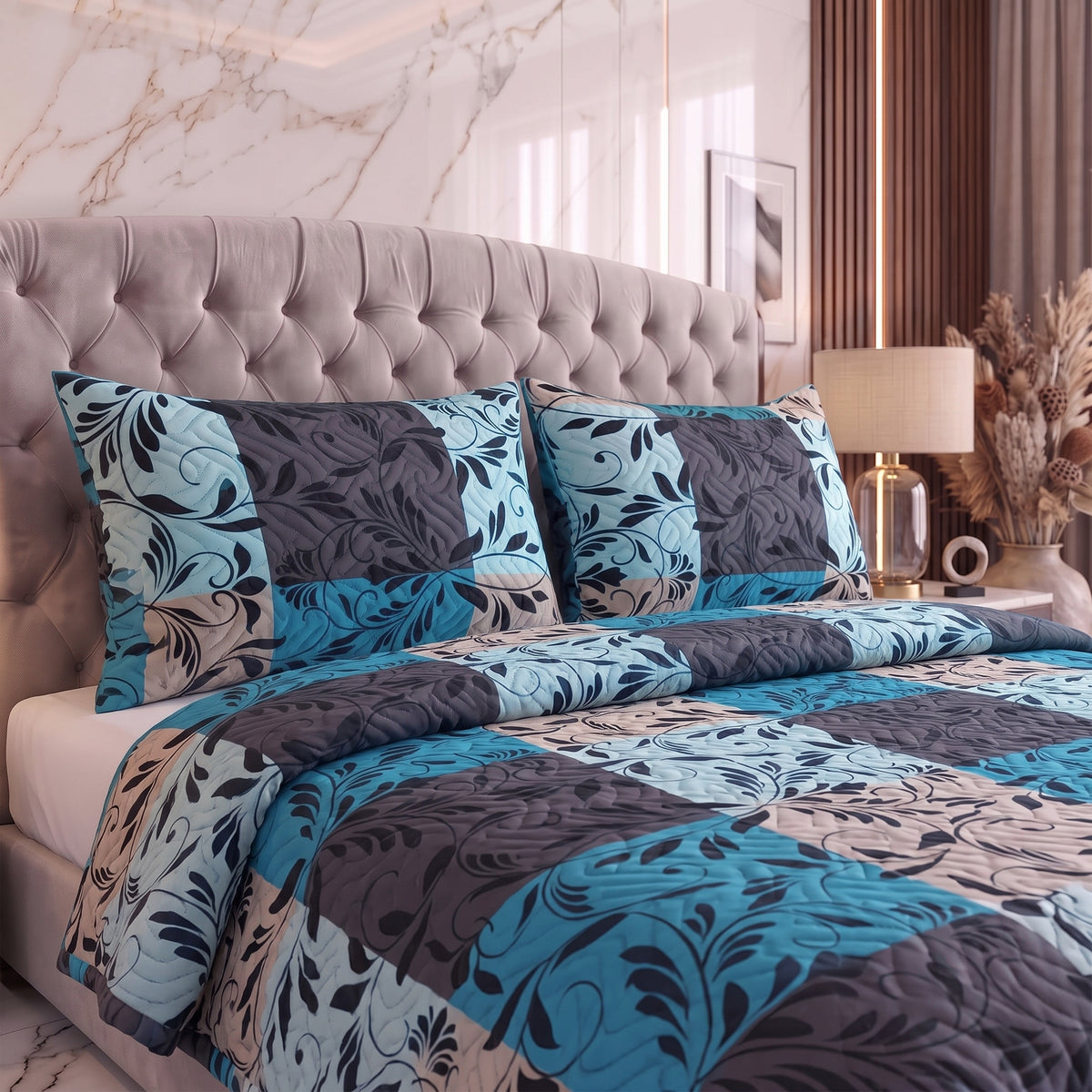 Cobalt Mosaic | Printed Ultrasonic Quilted Bedspread Set | 3 Piece