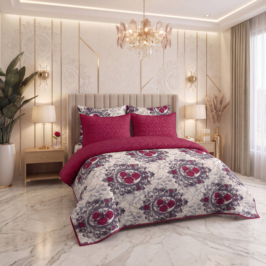 Burgundy Garland | Printed Ultrasonic Quilted Bedspread Set | 6 Piece