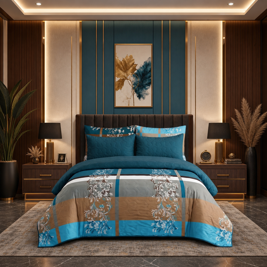 Teal Elegance | Printed Ultrasonic Quilted Bedspread Set | 6 Piece