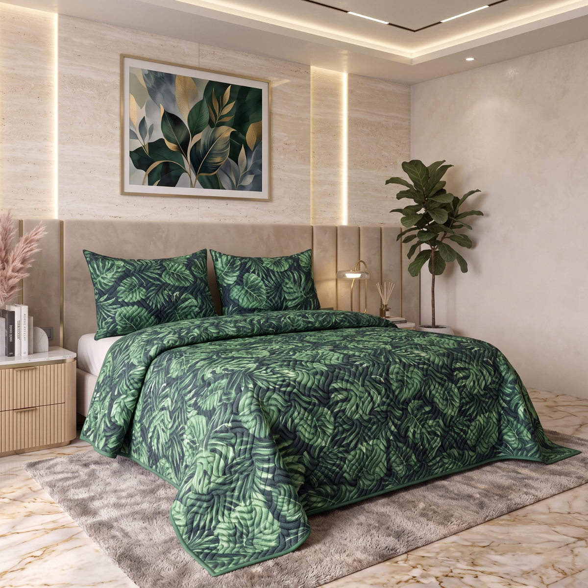 Lush Laurel | Printed Ultrasonic Quilted Bedspread Set | 3 Piece
