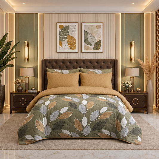 Golden Leaf | Printed Ultrasonic Quilted Bedspread Set | 6 Piece