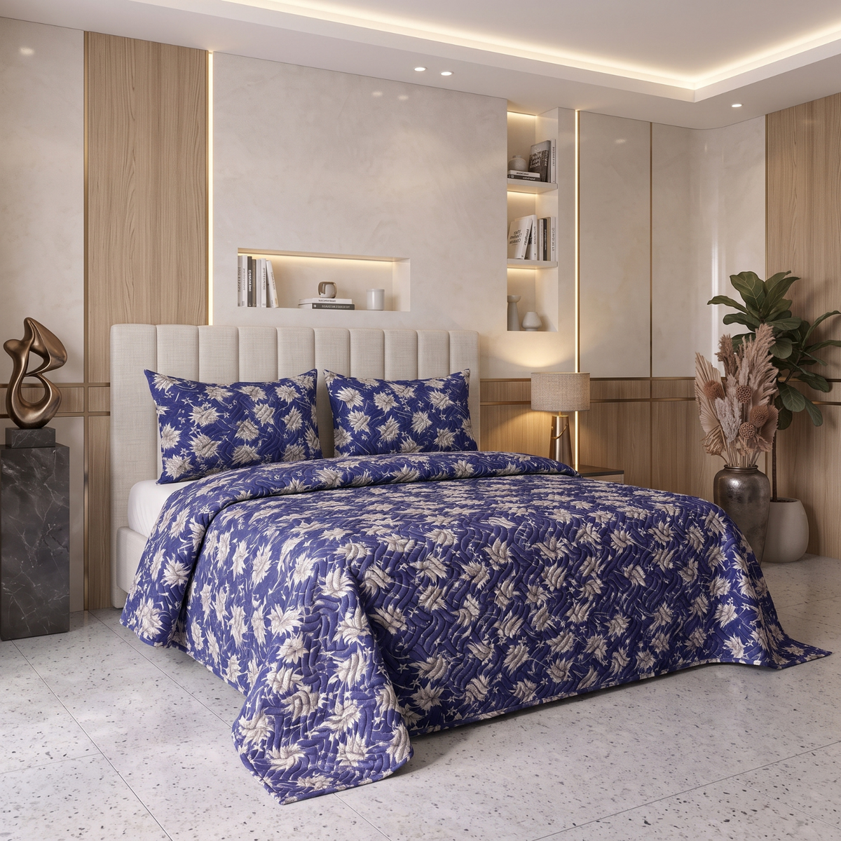 Indigo Starlight | Printed Ultrasonic Quilted Bedspread Set | 3 Piece