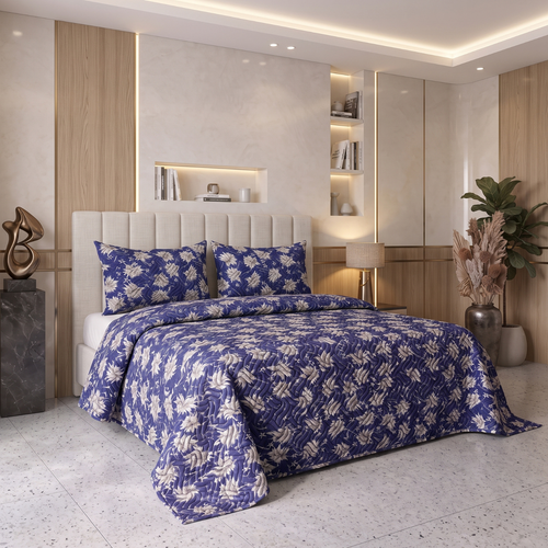 Indigo Starlight | Printed Ultrasonic Quilted Bedspread Set | 3 Piece