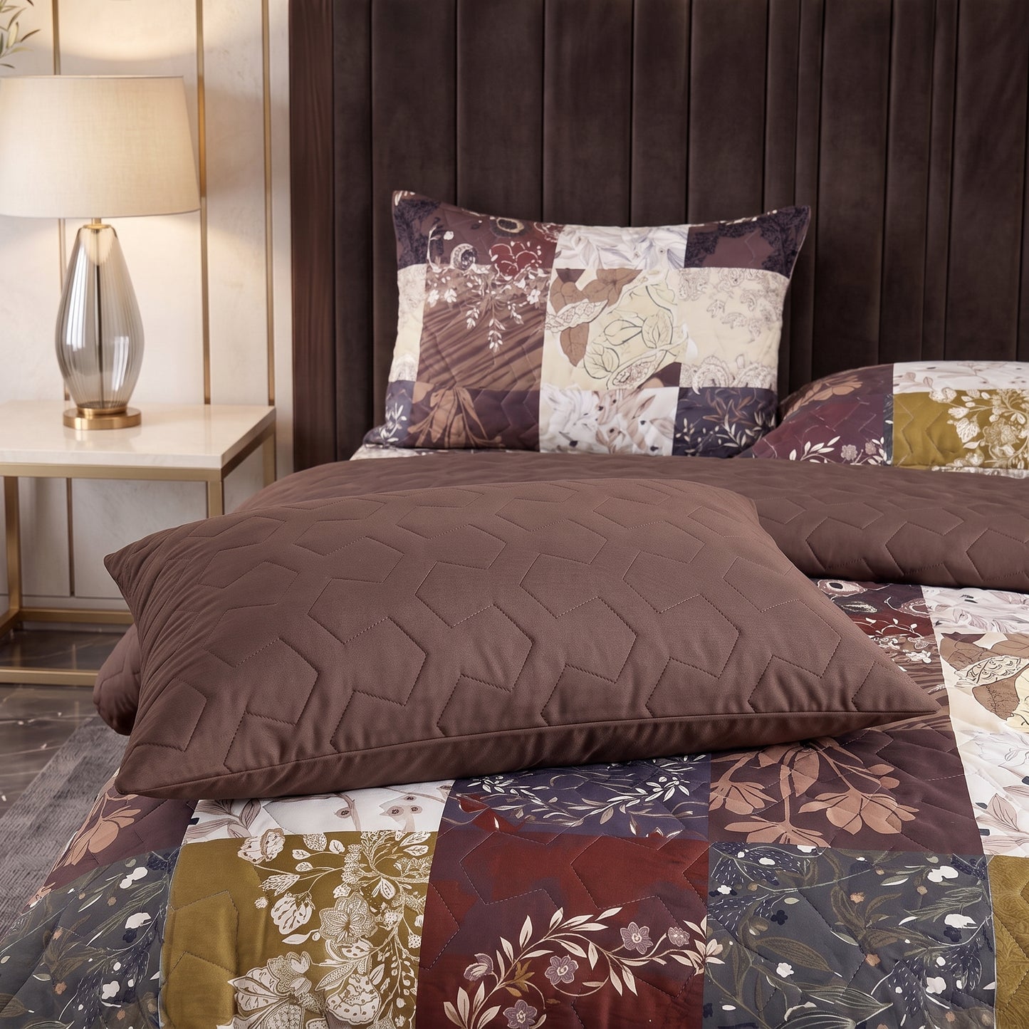 Tiled Espresso | Printed Ultrasonic Quilted Bedspread Set | 6 Piece