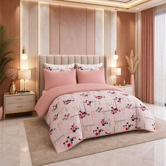 Blush Geometry | Printed Ultrasonic Quilted Bedspread Set | 6 Piece