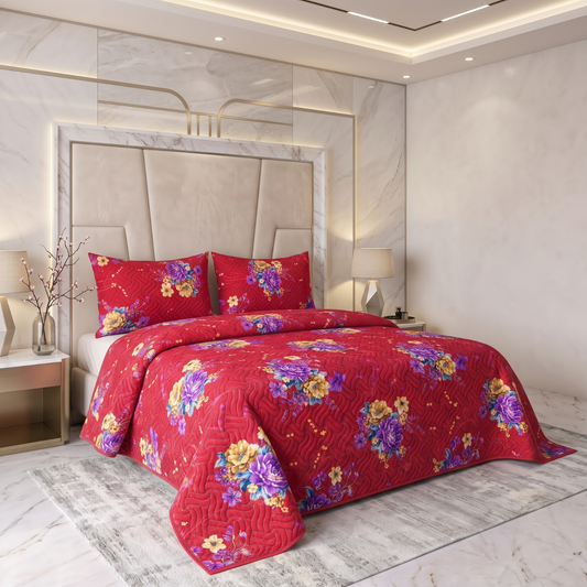 Crimson Baroque | Printed Ultrasonic Quilted Bedspread Set | 3 Piece