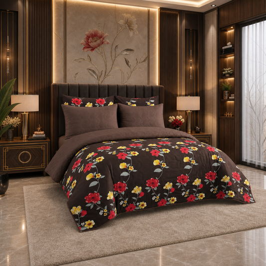 Chocolate Rose | Printed Ultrasonic Quilted Bedspread Set | 6 Piece
