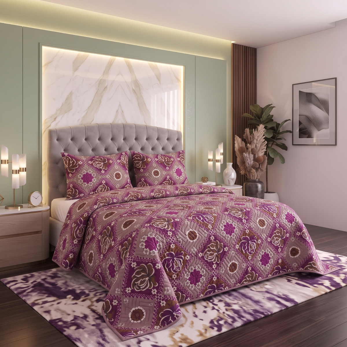 Plum Lotus | Printed Ultrasonic Quilted Bedspread Set | 3 Piece