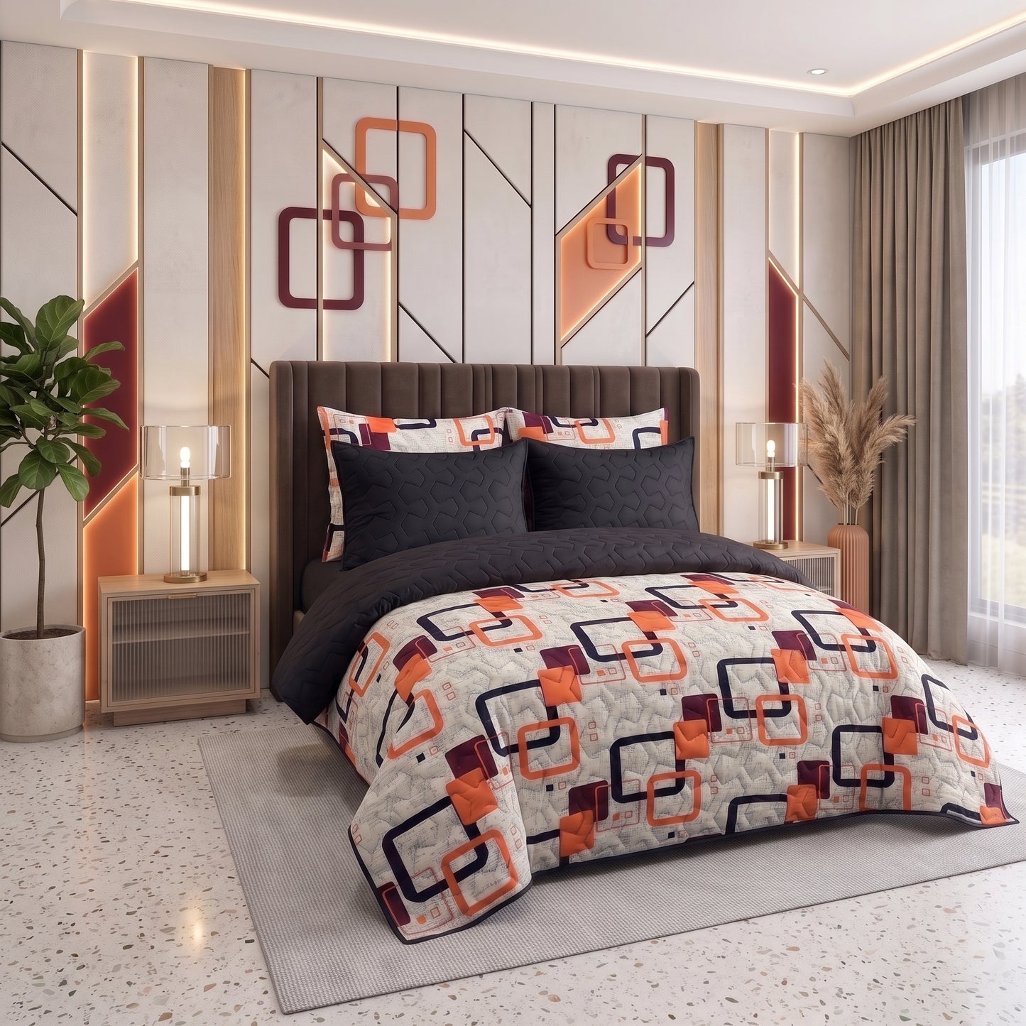 Saffron Grid | Printed Ultrasonic Quilted Bedspread Set | 6 Piece