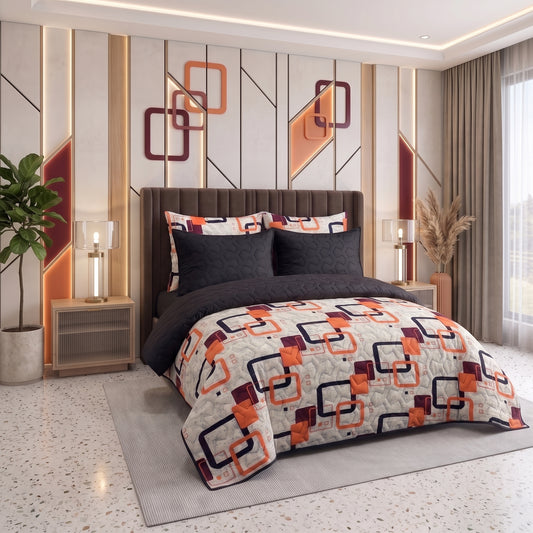 Saffron Grid | Printed Ultrasonic Quilted Bedspread Set | 6 Piece